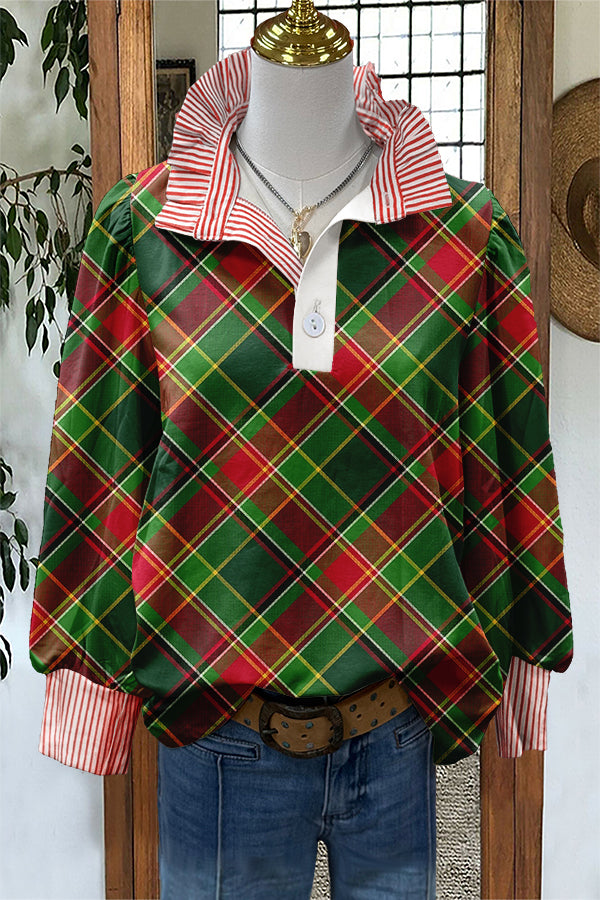 Classic Christmas Plaid Print Stripe Puff Sleeve Blouse