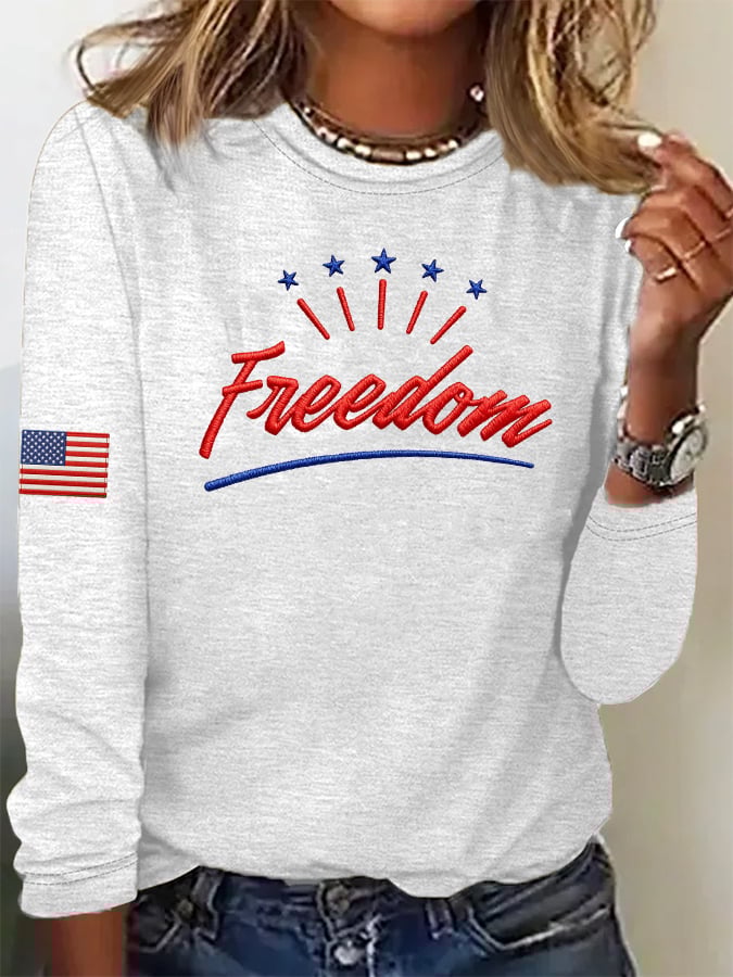 Women's Casual Freedom Flag Contrast Color Cotton Long-Sleeved T-Shirt