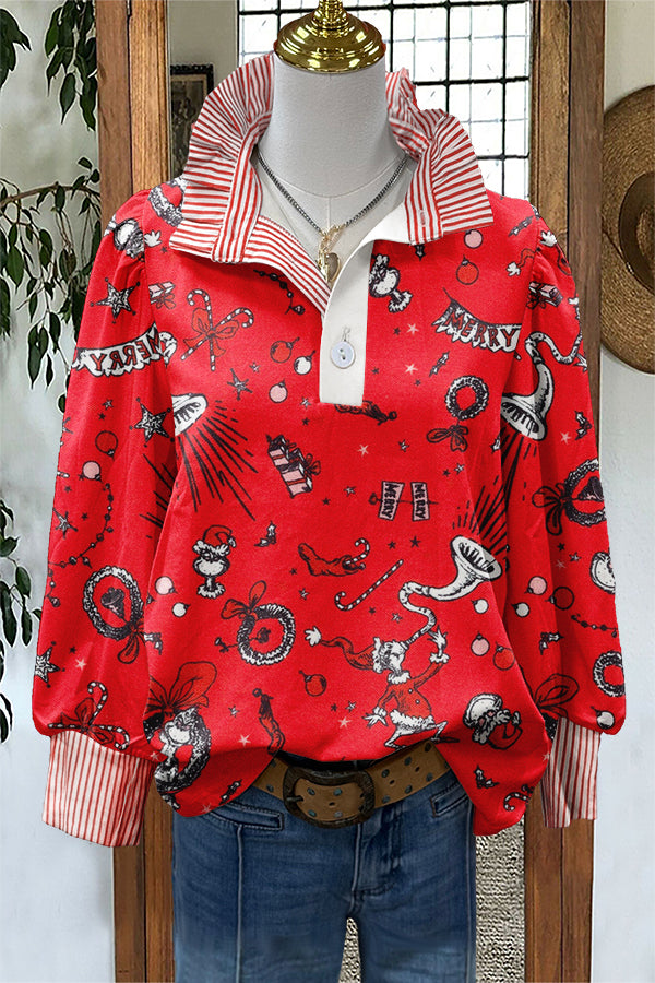 Classic Christmas Grinch Print Stripe Puff Sleeve Blouse