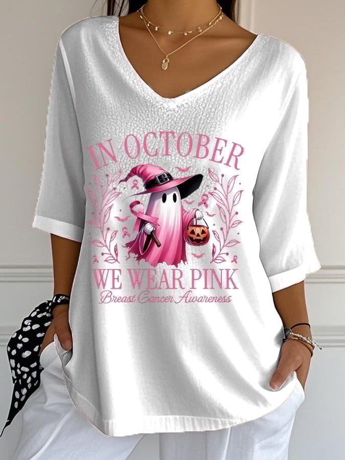 Women's In October We Wear Pink Breast Cancer Awareness Halloween Ghost Print Casual T-Shirt
