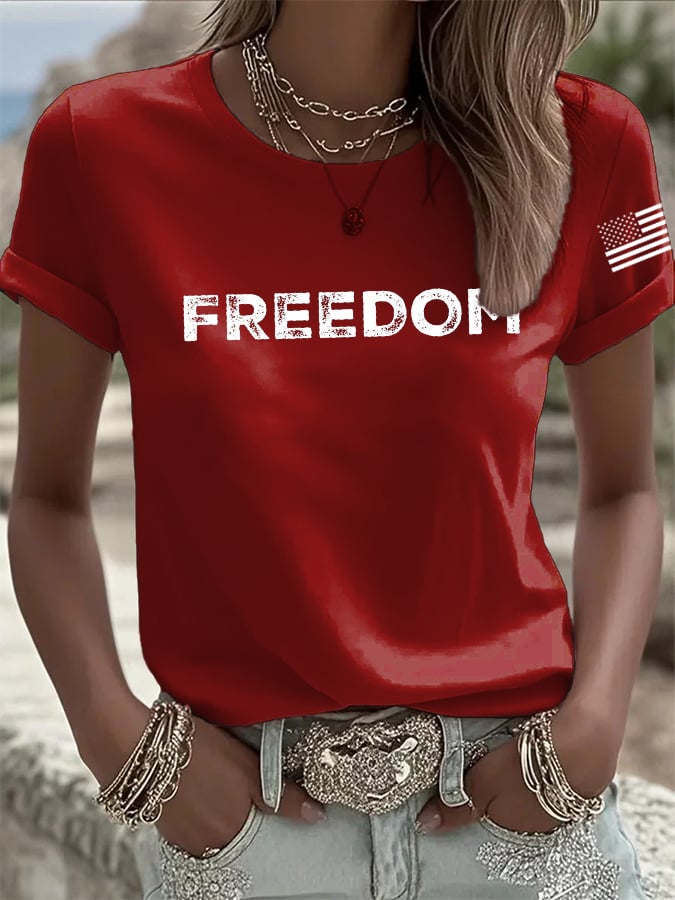 Women's Freedom American Flag Print Casual T-shirt