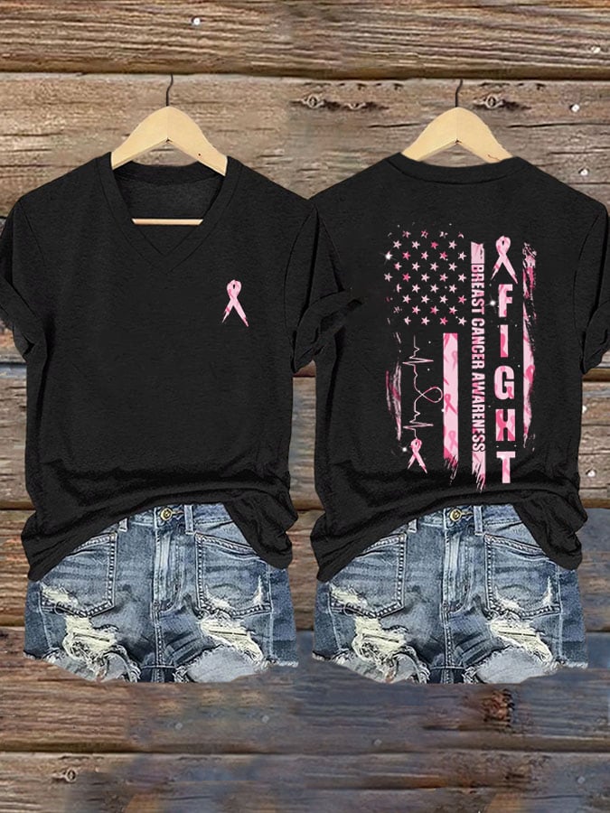 Women's Fight Breast Cancer Awareness Printed Casual V-Neck T-Shirt