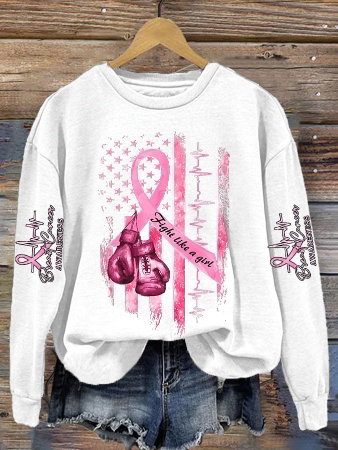 Women's Casual Breast Cancer Awareness Print Long Sleeve Sweatshirt