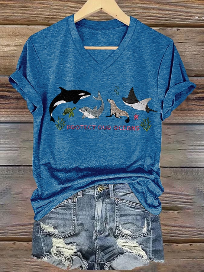 Women's Retro Protect Our Oceans Print T-Shirt