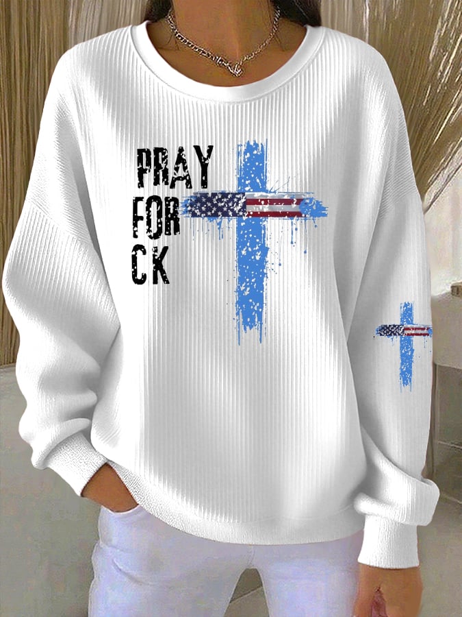 Women's Pray for Charlie Print Knit Crew Neck Long Sleeve Top