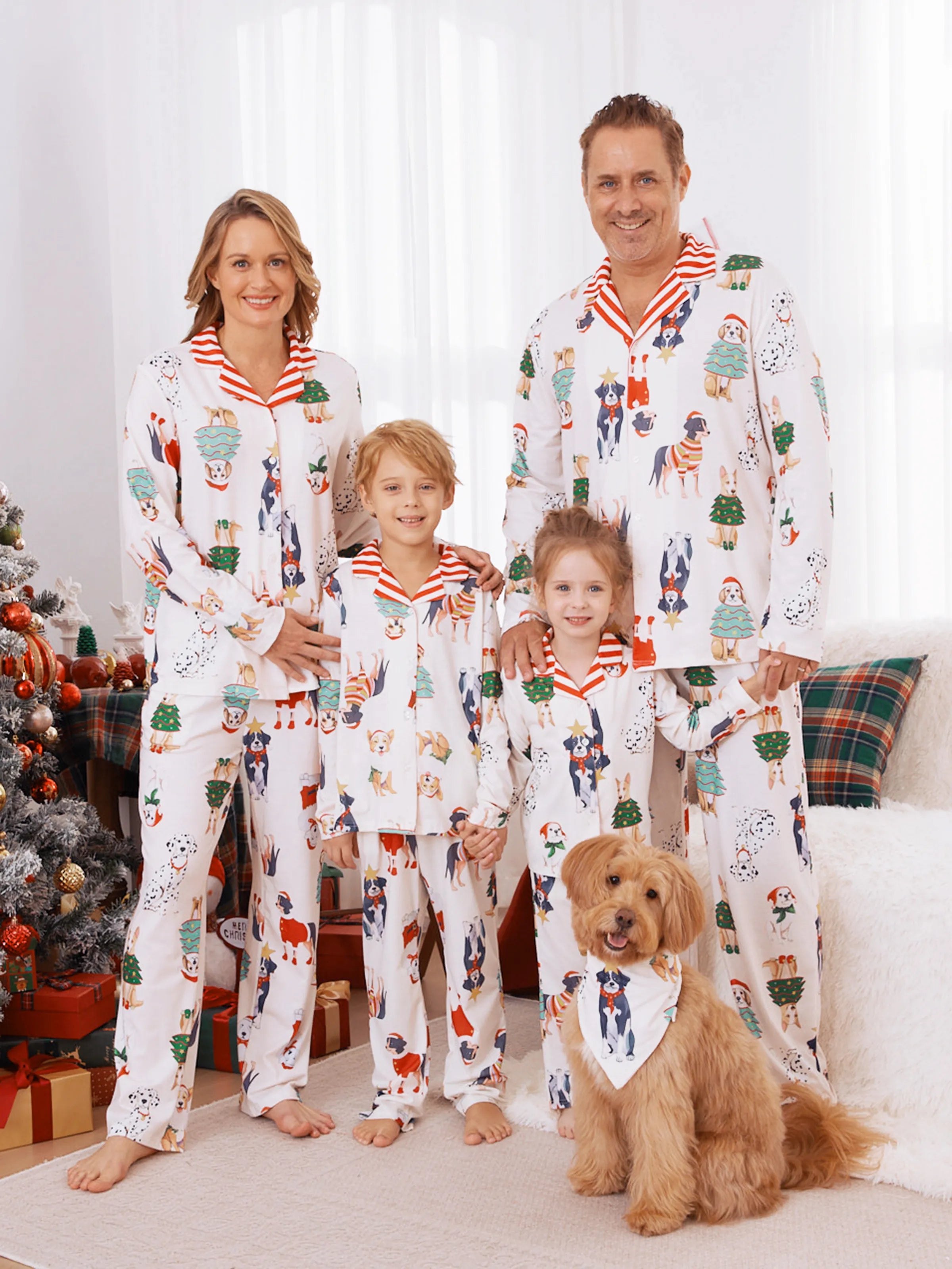 Christmas Pajamas Family Matching Cute Xmas Dog Collared Pajamas Sets with Christmas Socks LightApricot