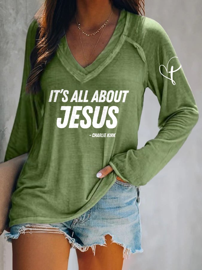 V-neck Retro It's All About Jesus Print T-Shirt