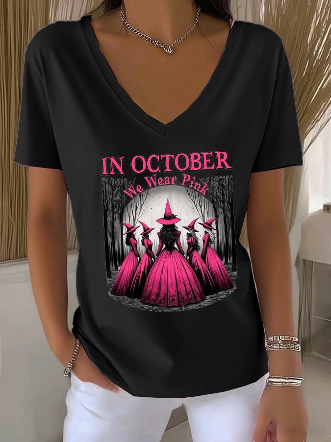 Women's Casual Witch October We Wear Pink V-Neck T-Shirt