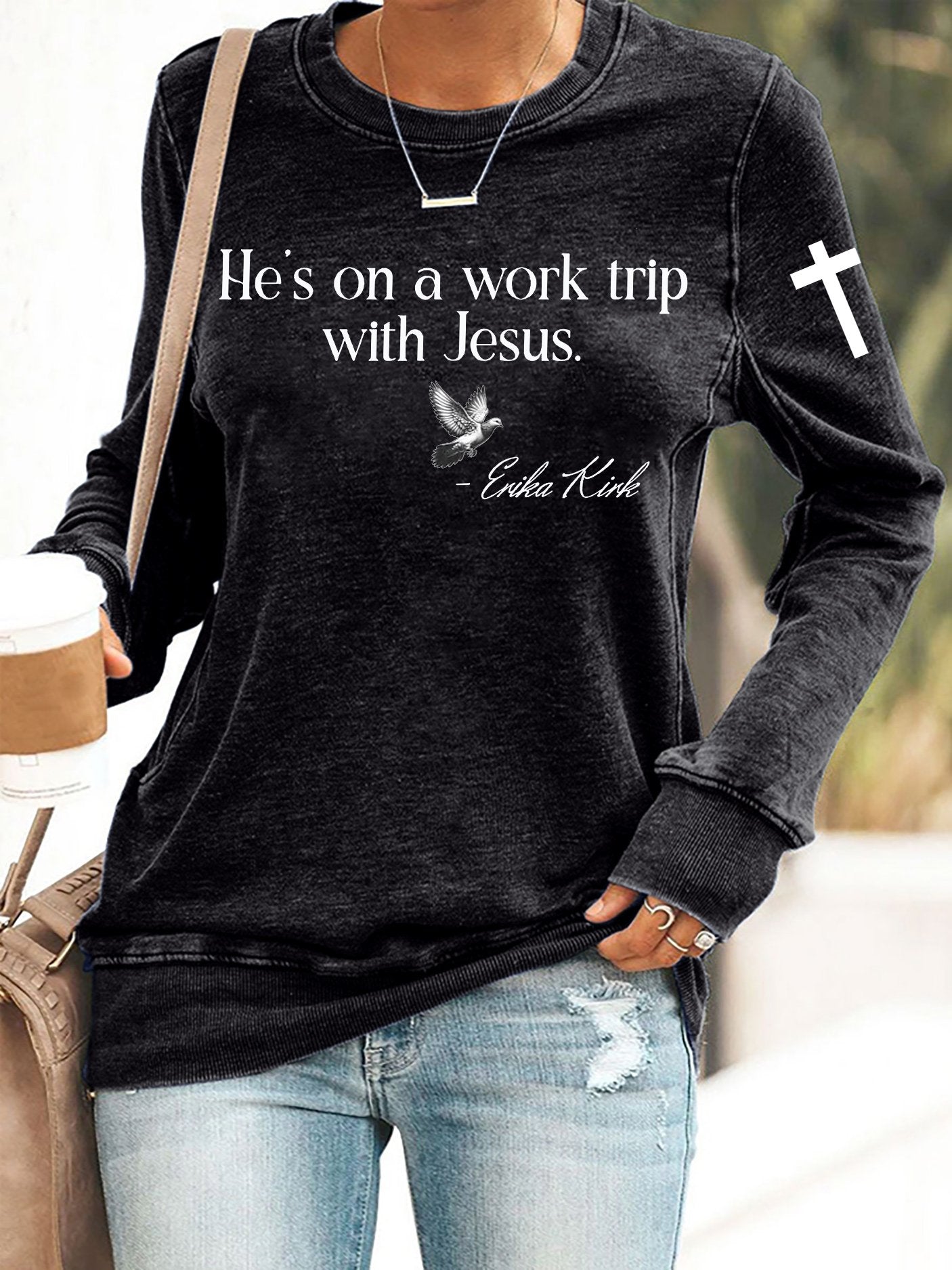 Retro He's On A Work Trip With Jesus Print Sweatshirt