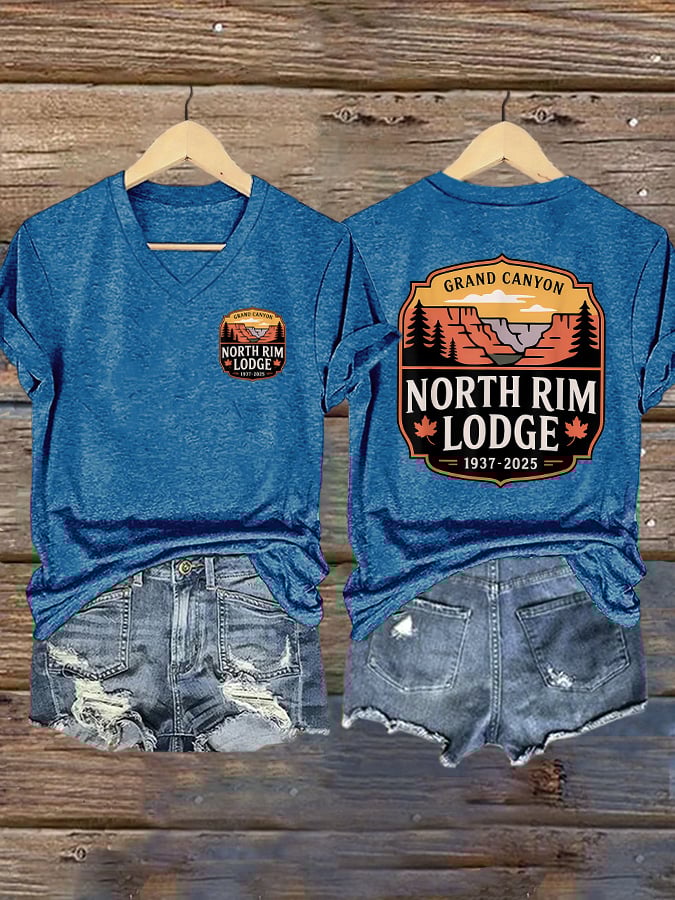 V-Neck Retro Grand Canyon Lodge North Rim Lodge 1937-2025 Print T-Shirt