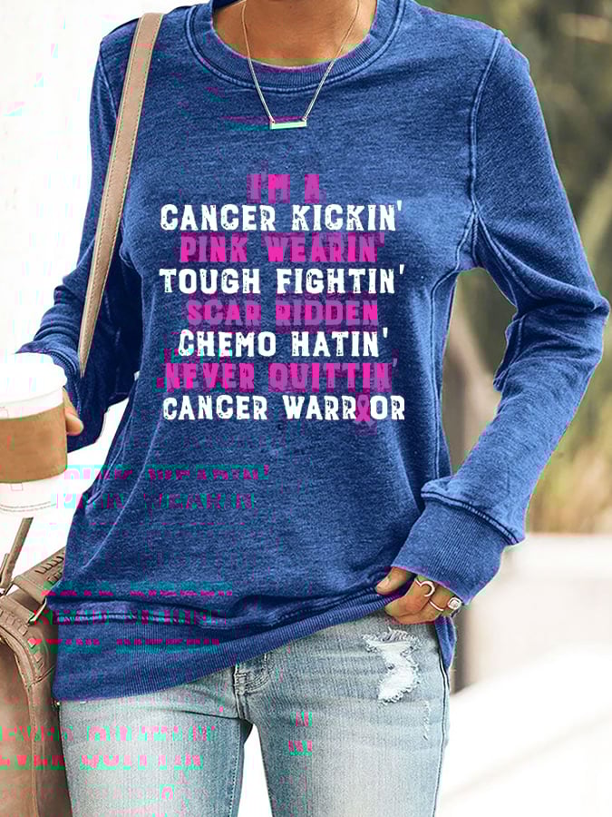 Breast Cancer Awareness Cancer Kickin' Chemo Hatin' Warrior Print Sweatshirt