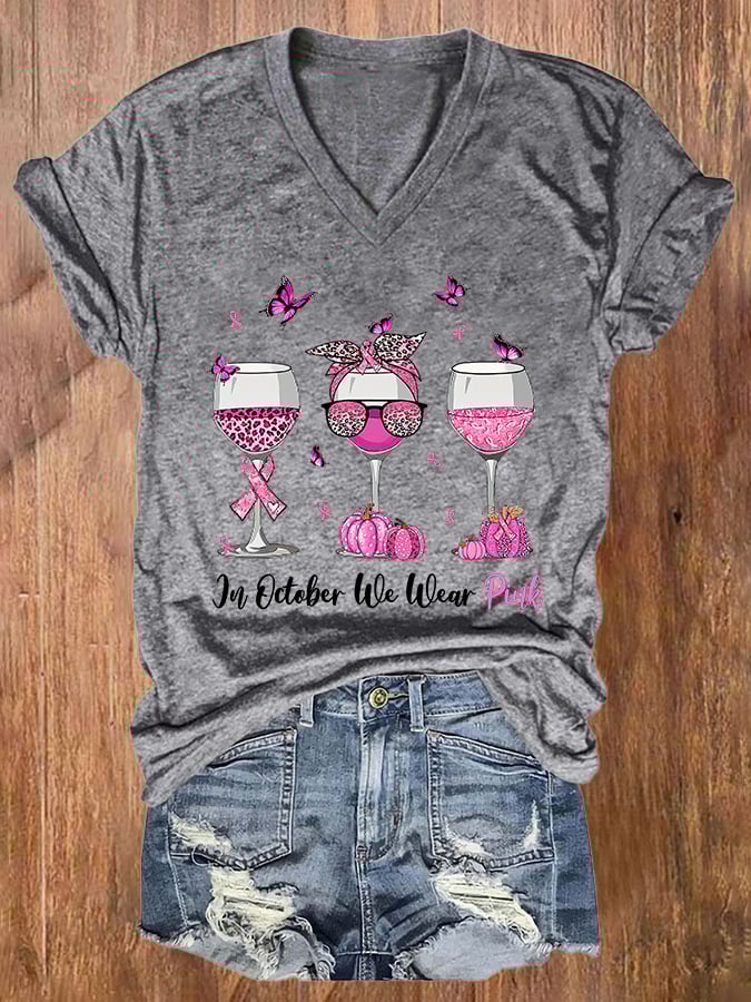 V-neck Breast Cancer Awareness Leopard Wine Glasses In October We Wear Pink Print T-Shirt