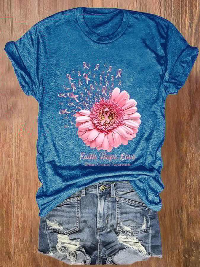 Breast Cancer Awareness Faith Hope Love Daisy Flower Ribbon Print T-Shirt