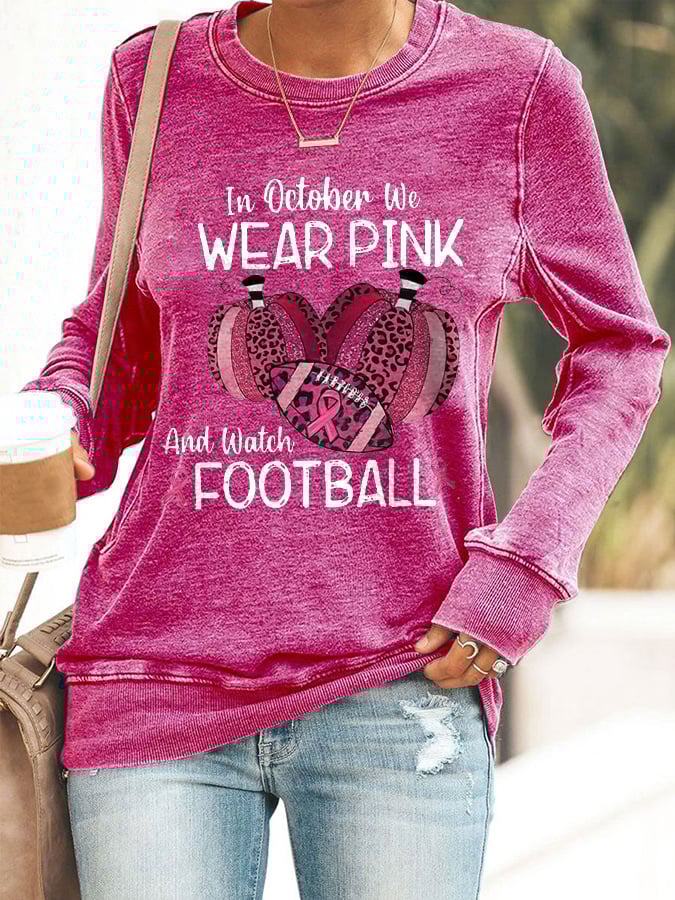 Retro Breast Cancer Awareness In October We Wear Pink And Watch Football Leopard Print Sweatshirt