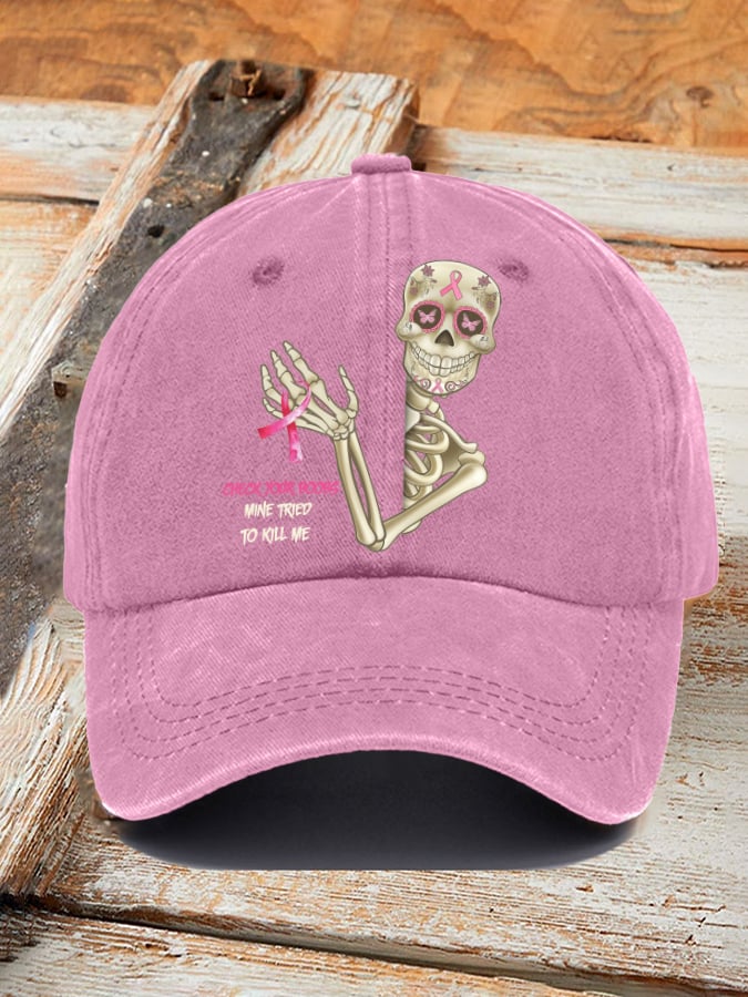 Retro Breast Cancer Awareness Skull Check Your Boobs Mine Tried To Kill Me Print Baseball Cap