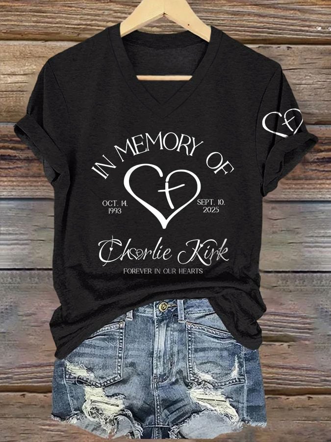 V-Neck Retro Forever In Our Hearts Print T-Shirt