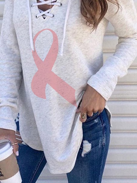 V-neck Lace Up Pink Ribbon Pirnt Shirt