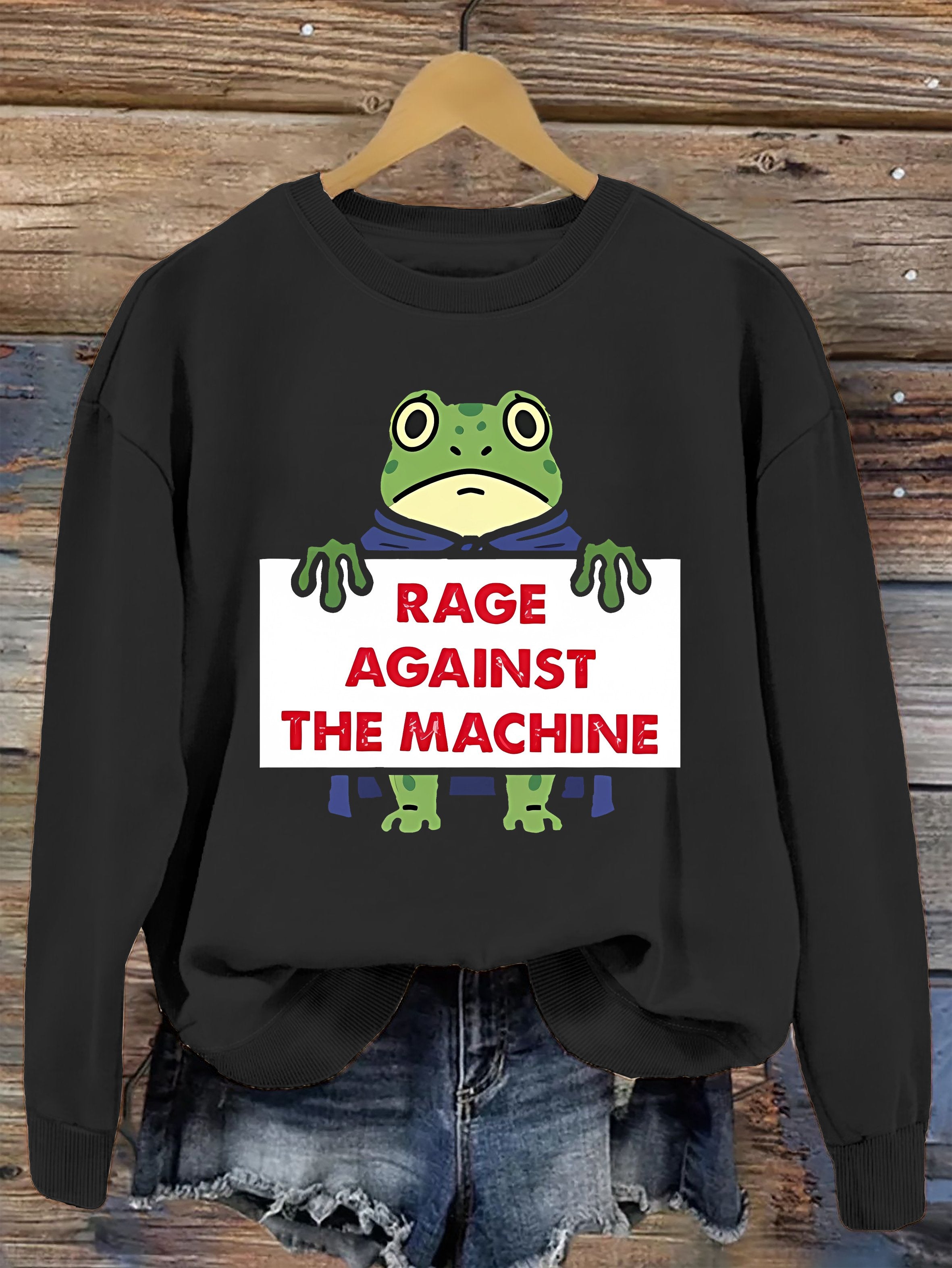 Women's Retro Hop Resist Frog Printed Round Neck Sweatshirt