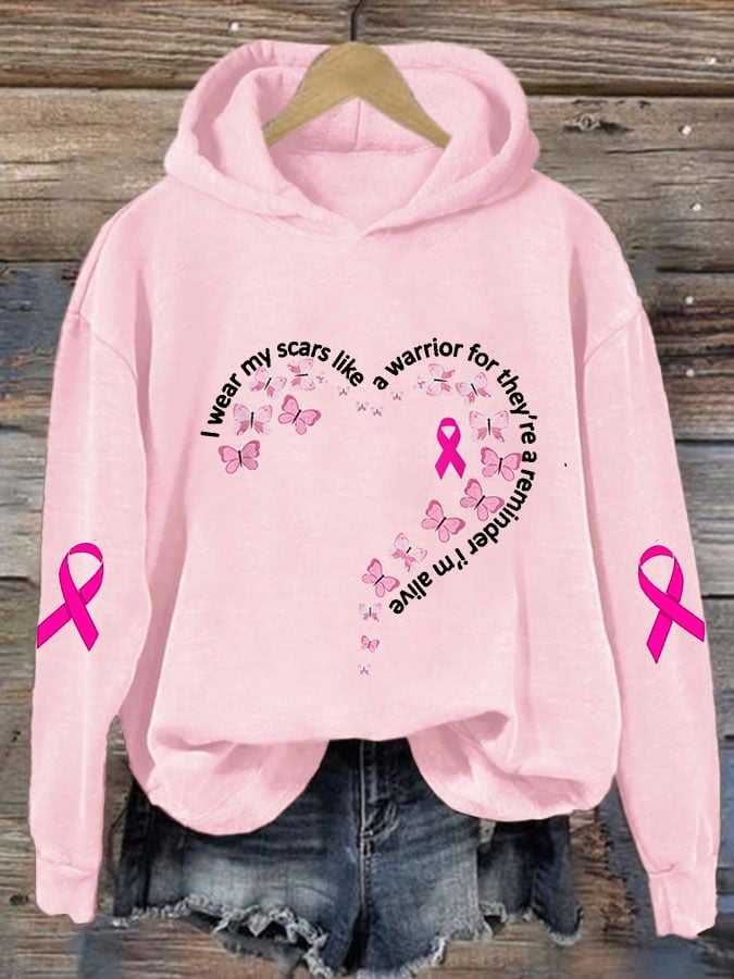 Women's I Wear My Scars Breast Cancer Awareness Print Casual Hoodie