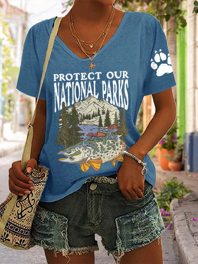 Women's Protect Our National Parks Print V Neck Casual T-Shirt