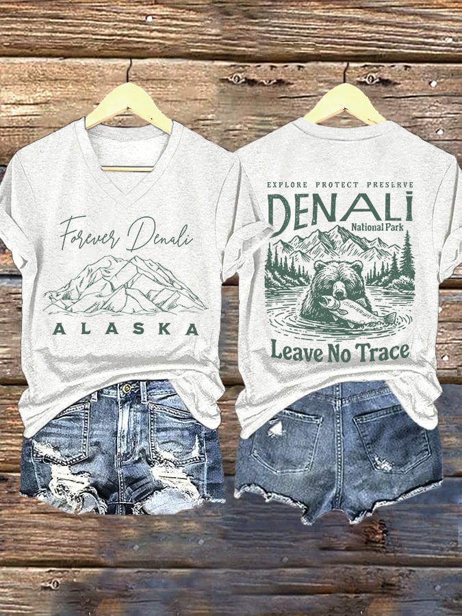 V-neck Retro Explore Protect Preserve Denali National Park Leave No Trace Forever Denali Alaska Print T-Shirt