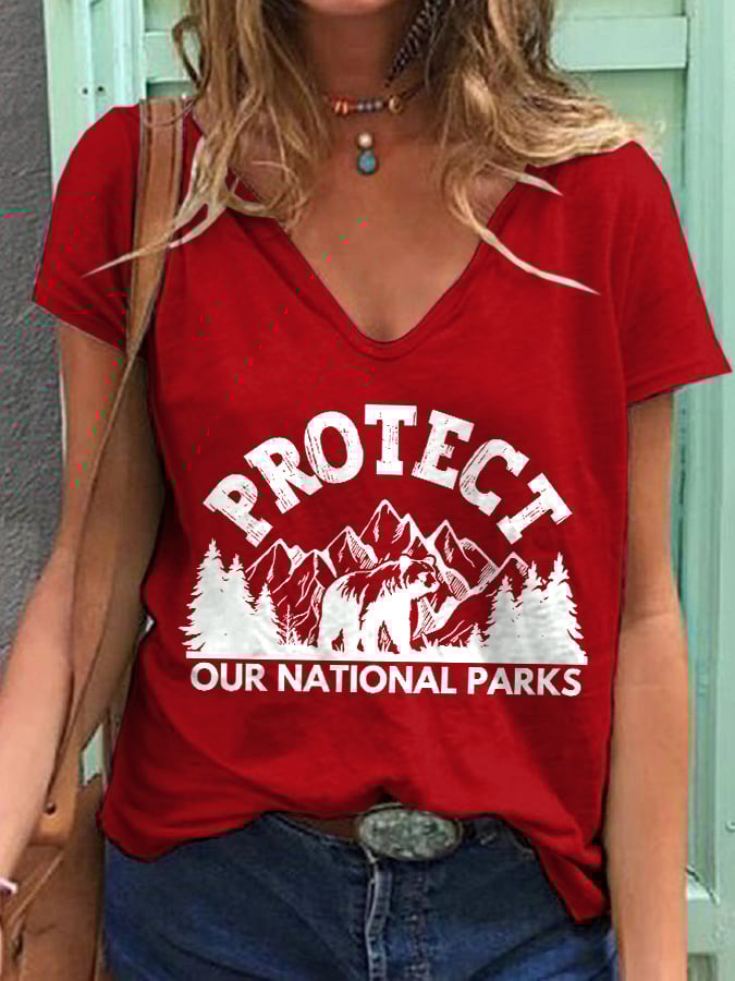Women's Protect Our National Parks Print V Neck T-Shirt