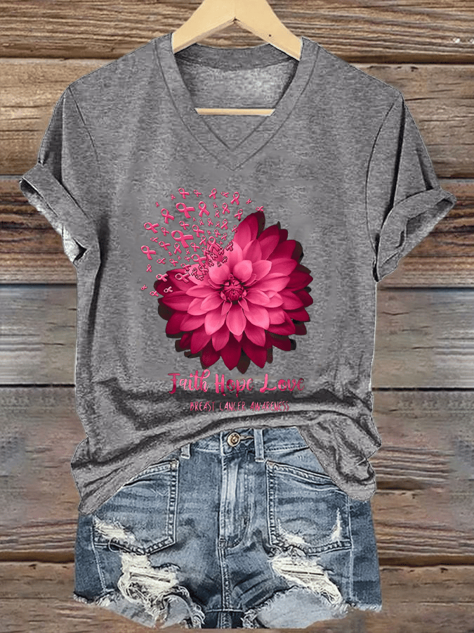 Women's Daisy Faith Pink Ribbon Breast Cancer Awareness Print V Neck Short Sleeve T-Shirt