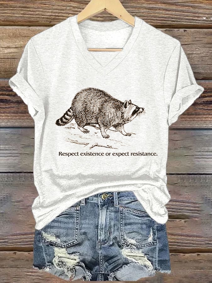 Women's Respect Existence Raccoon National Parks Printed V-Neck T-Shirt