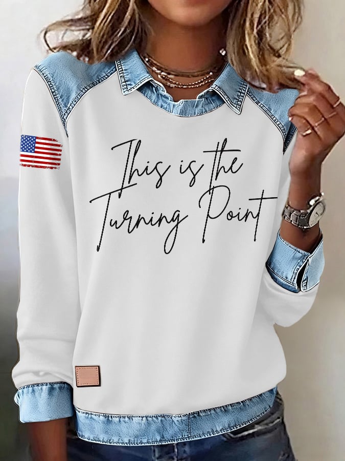 Retro This Is The Turning Point Printed Denim Patchwork Sweatshirt
