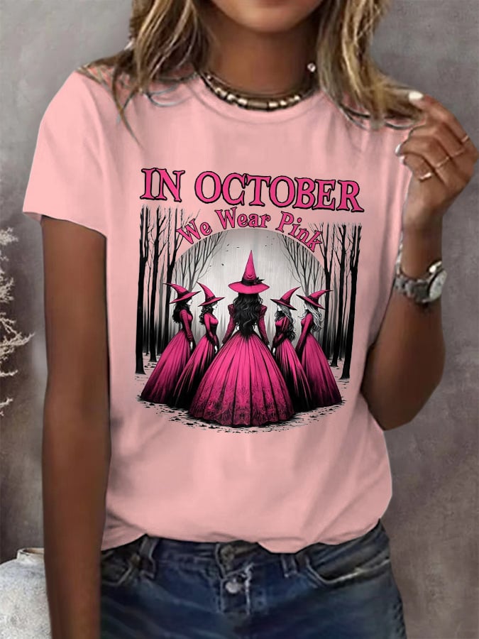 Women's Casual October We Wear Pink Witch Breast Cancer Art T-Shirt