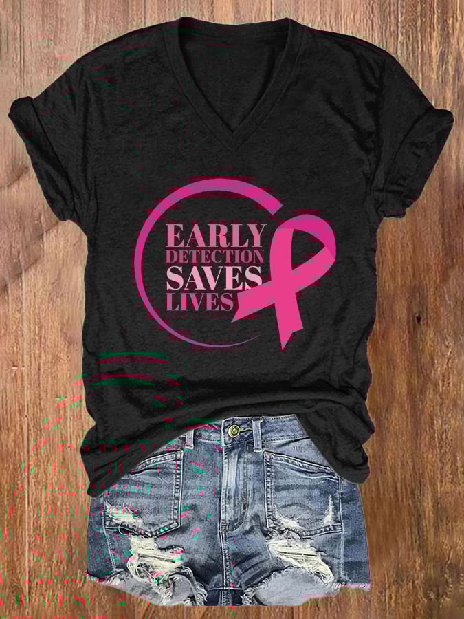 Women's Casual Early Detection Save Lives Print Short Sleeve T-Shirt