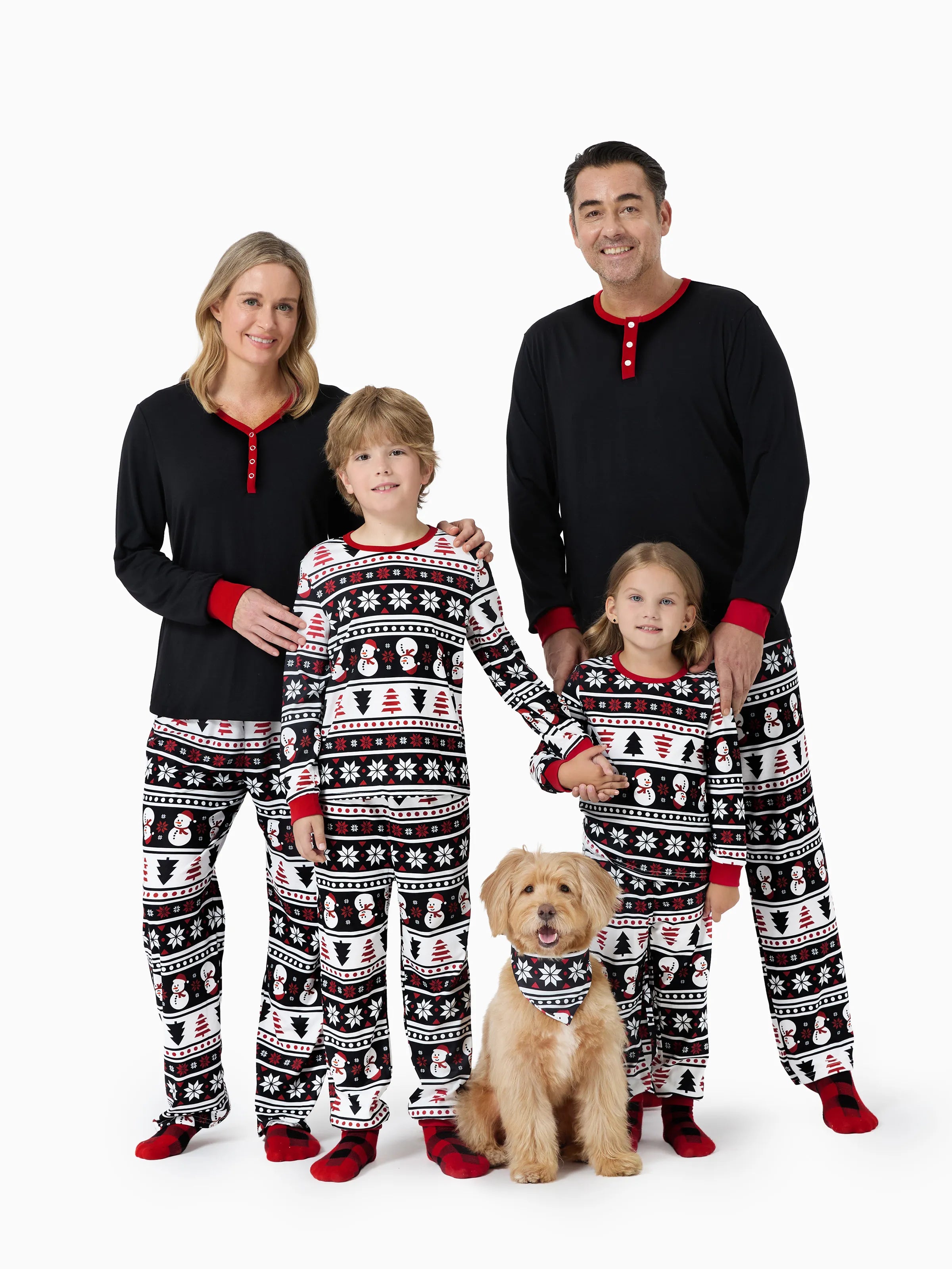 Christmas Matching Family Pajamas Set Snowman and Christmas Tree Print Black PJS with Christmas Socks Black