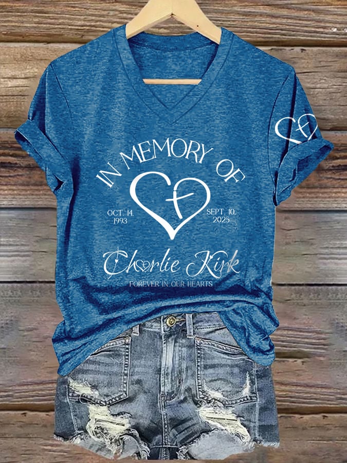 V-Neck Retro Forever In Our Hearts Print T-Shirt