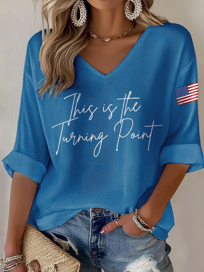 V-Neck Retro This Is The Turning Point Print T-Shirt
