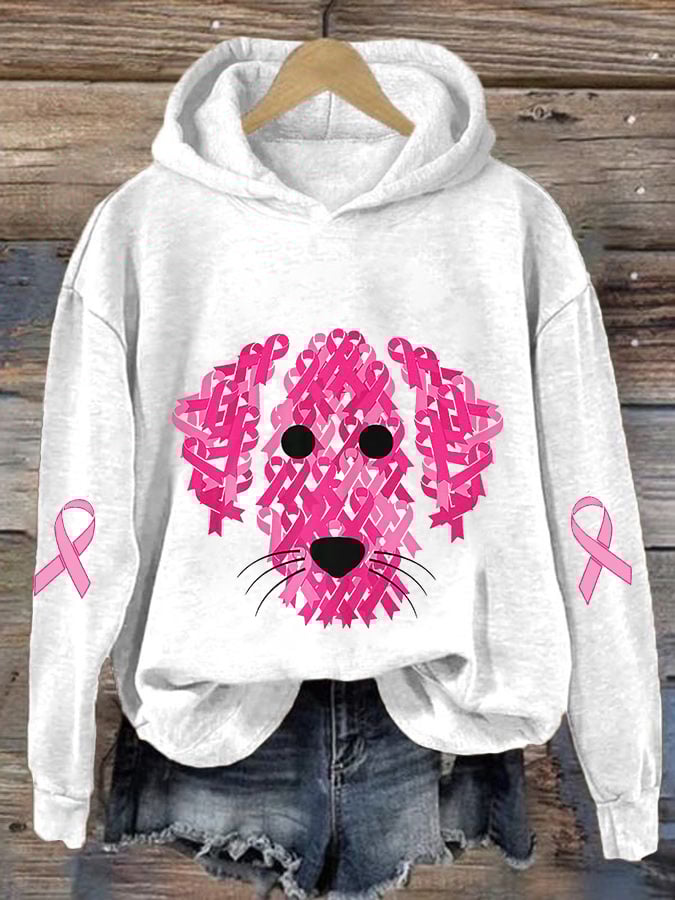 Women's Pink Ribbon Dog Breast Cancer Awareness Print Casual Hoodie