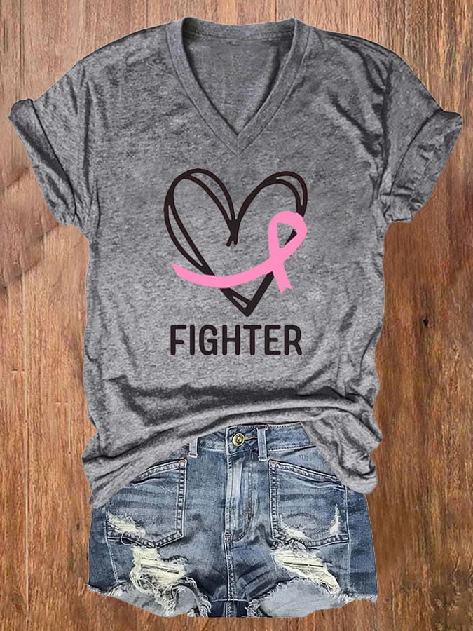 Women's Breast Cancer Awareness Printed V-Neck T-Shirt
