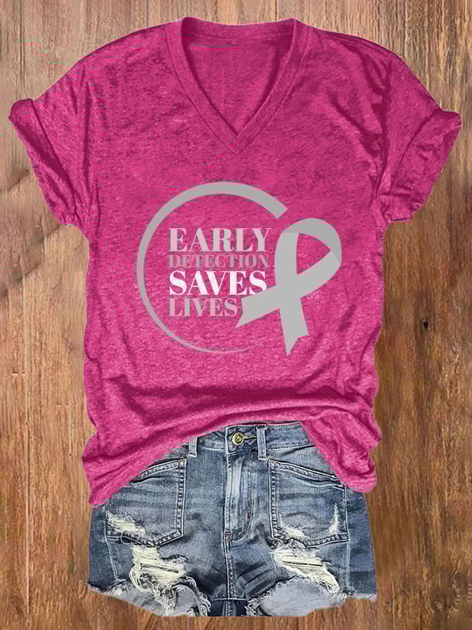 Women's Casual Early Detection Save Lives Print Short Sleeve T-Shirt
