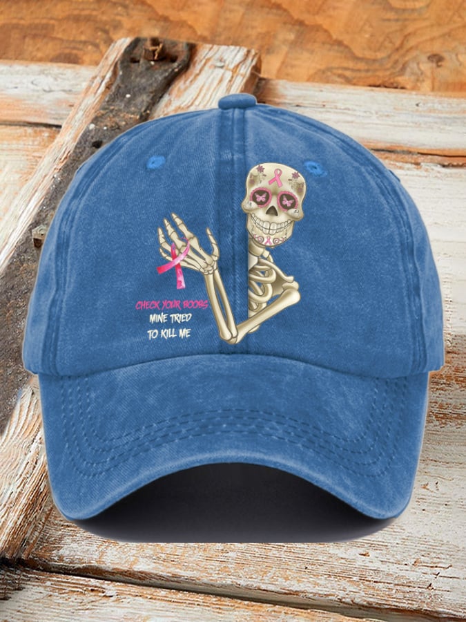 Retro Breast Cancer Awareness Skull Check Your Boobs Mine Tried To Kill Me Print Baseball Cap