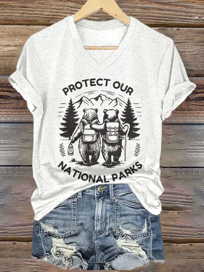 V-neck Retro Protect Our National Parks Print T-Shirt