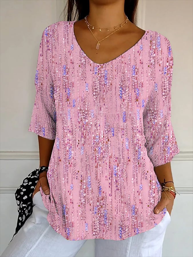 Women's Artistic Design Printed Ribbed Fabric Casual V-Neck Mid-Sleeve T-Shirt