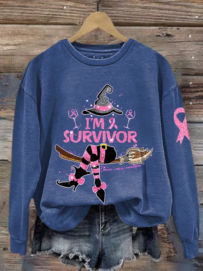 Women's Breast Cancer Awareness Witch Print Crew Neck Sweatshirt