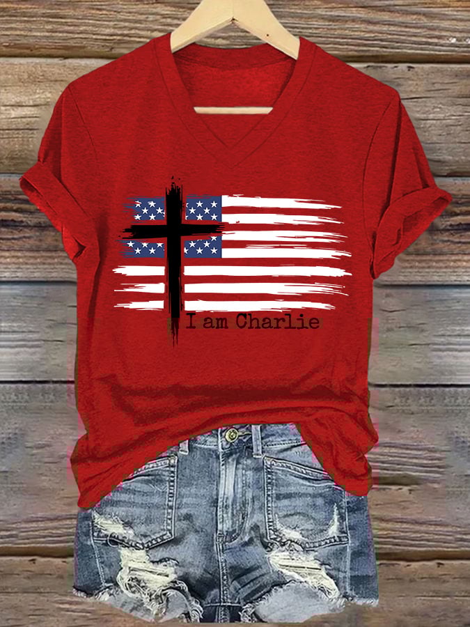 V-Neck Retro Faith Flag Cross I Am Print T-Shirt