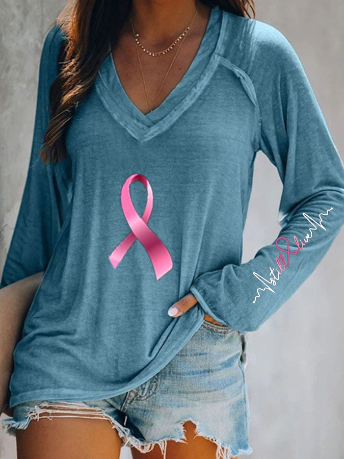 Breast Cancer Still Alive V Neck Long Sleeve Casual T-Shirt