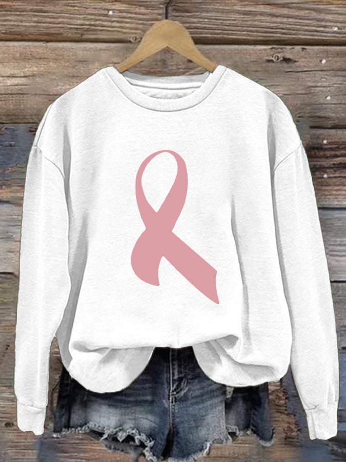 Retro Breast Cancer Awareness Pink Ribbon Print Sweatshirt