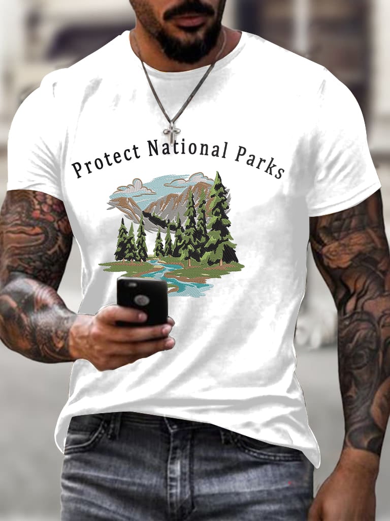 Men'S Retro Protect Our National Parks Printed Casual Crew Neck T-Shirt