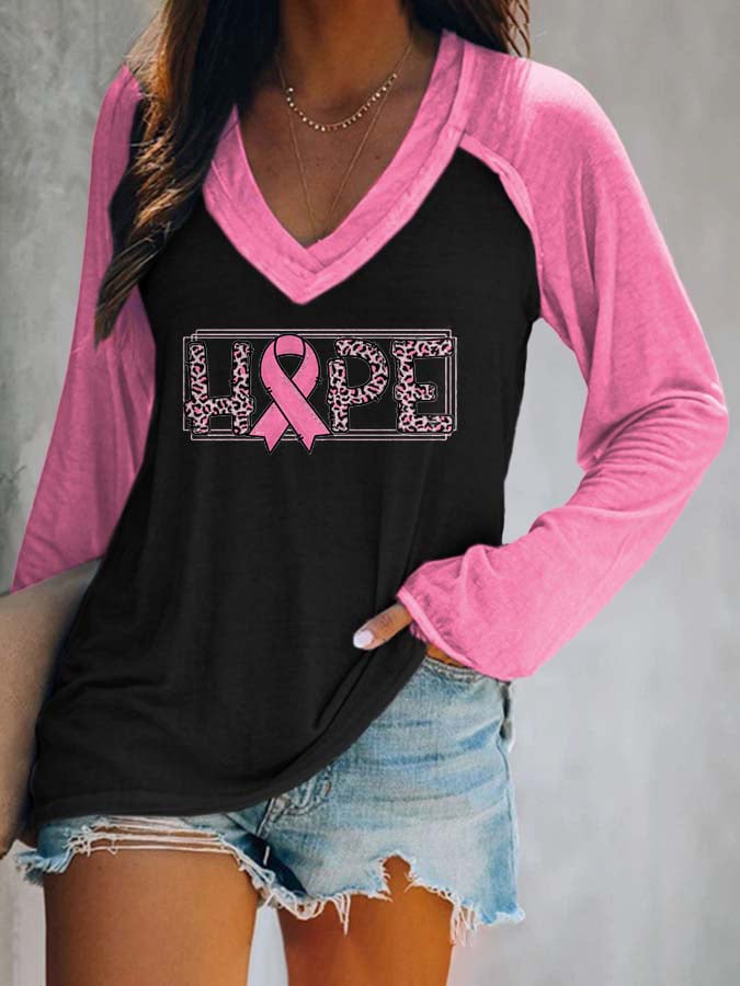 Women's Pink Breast Cancer Awareness Print Long Sleeve V-Neck T-Shirt