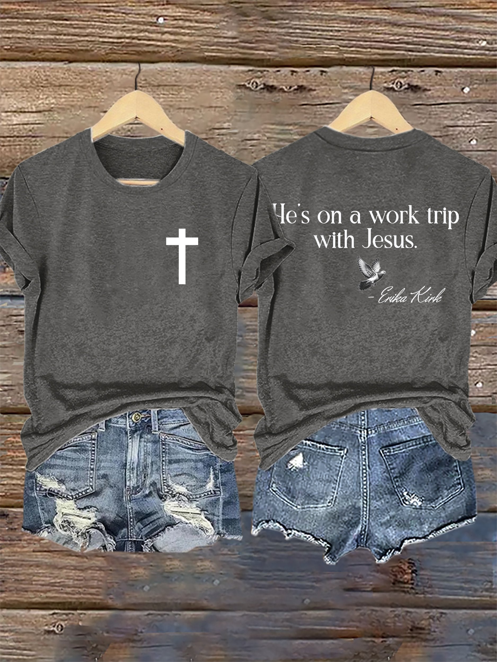 Retro He's On A Work Trip With Jesus Print T-Shirt
