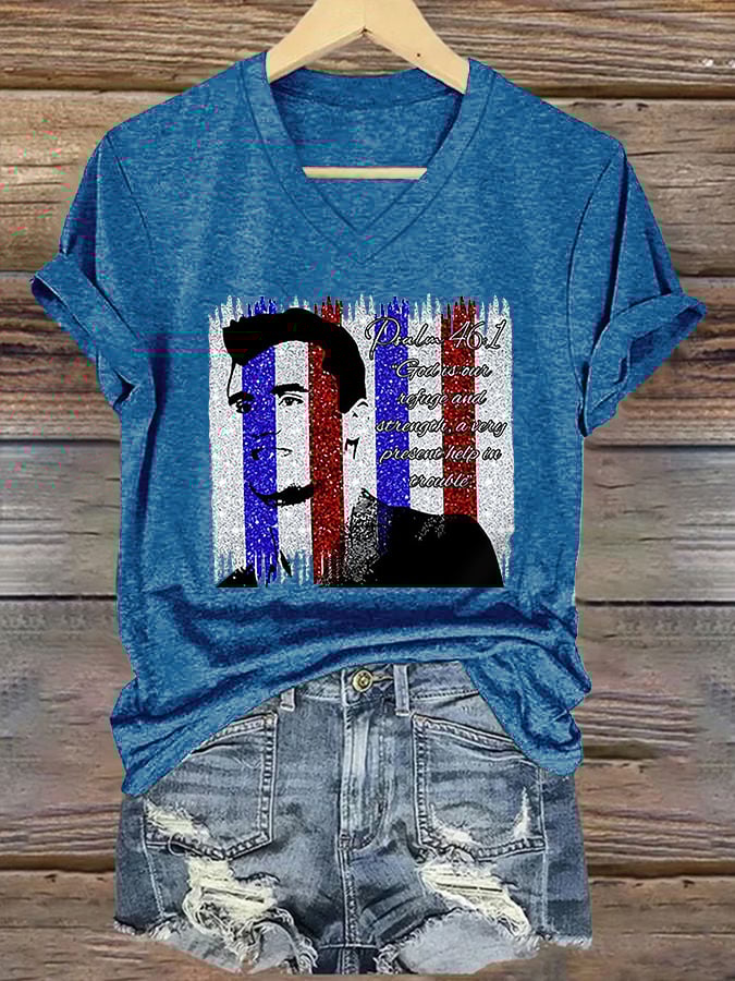 V-Neck Retro God Is Our Refuge And Strength, A Very Present Help In Trouble Print T-Shirt