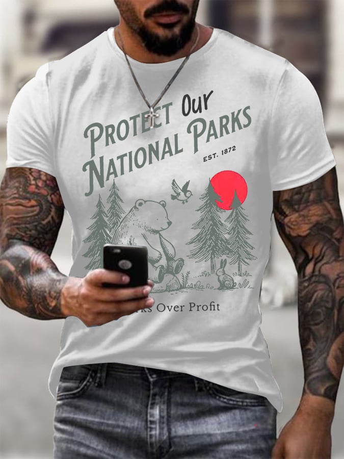 Men's Protect Our National Parks Printed Round Neck T-Shirt