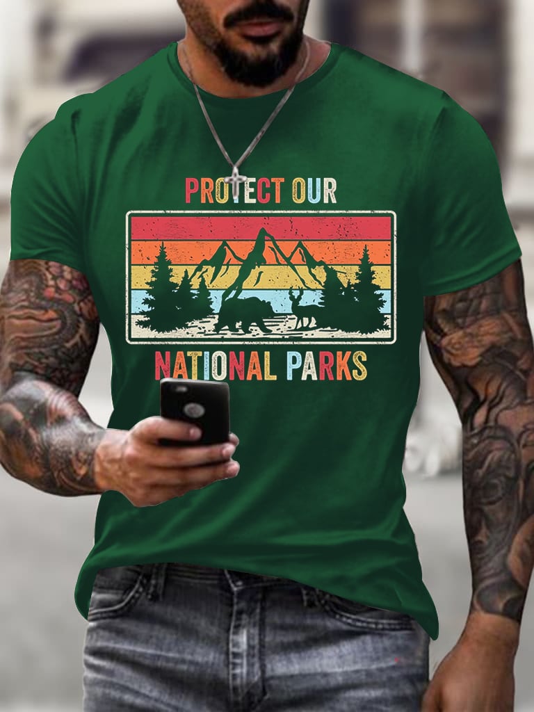 Men'S Retro Protect Our National Parks Printed Casual Crew Neck T-Shirt